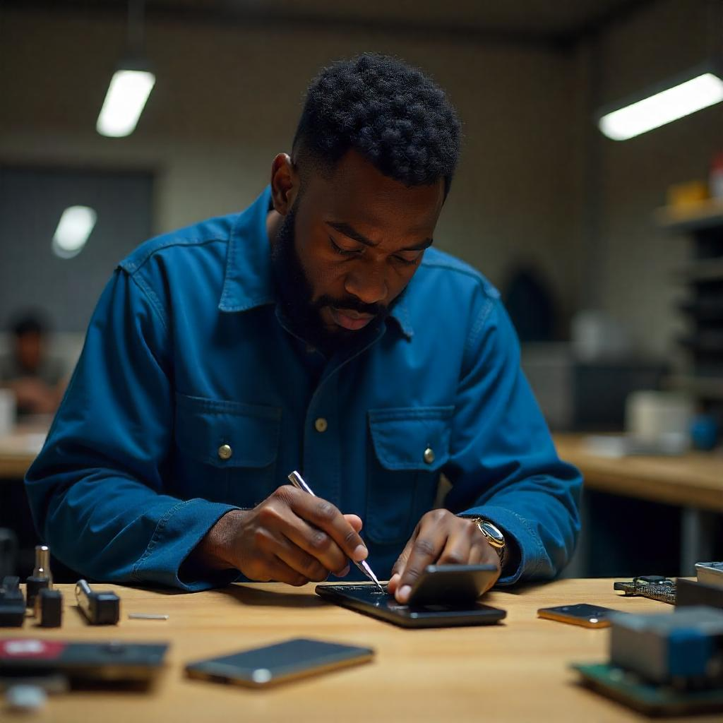 A technician examines a circuit board under a microscope for electronic repair.